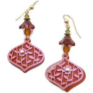 Adajio Art Deco Teardrop Pink & Red Flower on Gold Plated Hook Earrings 7847 NEW